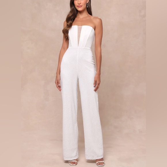 Lulu's Glamorous Spirit White Sequin Strapless Bustier Jumpsuit sz small NWT - Picture 1 of 8